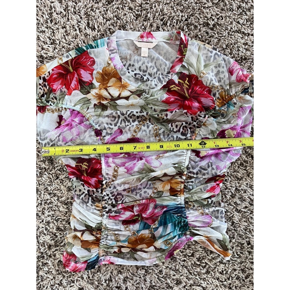 Guess Women Floral Leopard Mesh Ruched Short Sleeve Top XS W3YP05 KBAH2 - Picture 7 of 7